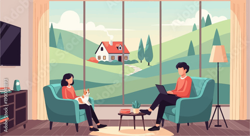 Couple with dog enjoying peaceful home interior, looking at idyllic countryside
