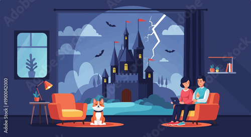 Couple and dog watch stormy castle scene from cozy room