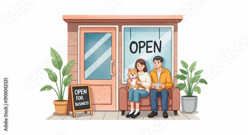 Couple and dog wait outside a shop, "open for business" displayed