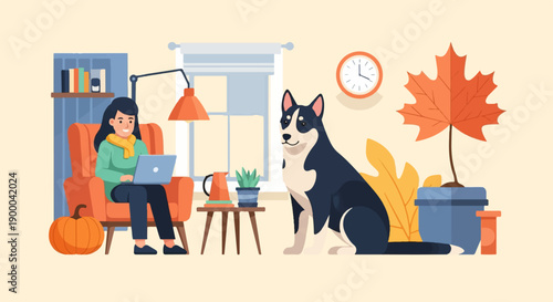 Cozy indoor scene with woman working on laptop and husky dog