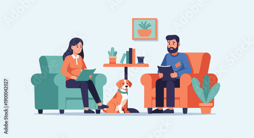 Couple with dog in cozy room, reading and consulting