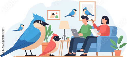 Diverse birds and two people in a cozy home setting, one with a laptop
