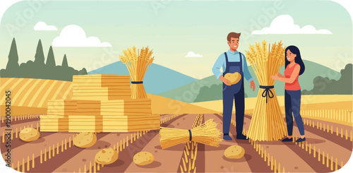 Farmers harvesting wheat and potatoes in a rural landscape under a bright sky