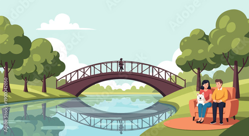 Couple with dog on bench by bridge over serene water with trees