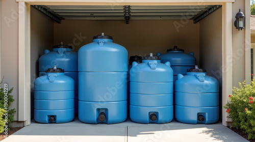 Storm supplies large emergency water storage containers in garage. Beige grey palette and soft daylight for suburban preparedness