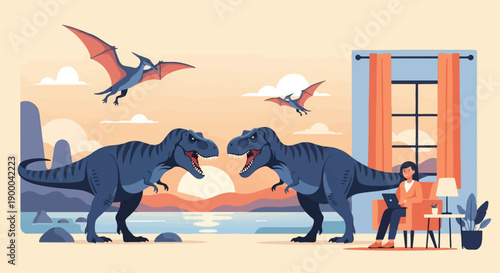 Dinosaurs and person in a room with a sunset view, unusual juxtaposition