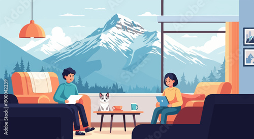 Couple and dog relaxing indoors with snowy mountain view