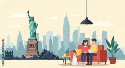 Couple with dog relax at home with Statue of Liberty and NYC skyline view
