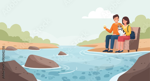 Couple with dog relax by water with trees and rocks
