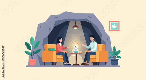 Couple and dog relaxing in a cozy cave-like living room setting