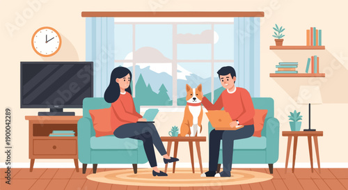 Couple and dog relaxing at home, working on laptops with a scenic view