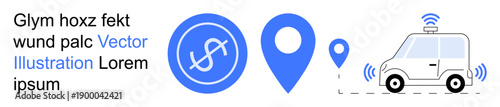 Navigation technology, autonomous vehicles, financial transactions, geolocation, future mobility, modern transport. Dollar sign, location pins self-driving car. Navigation technology and autonomous