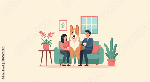 Couple and dog relax on sofa with drinks, indoor plants, artwork and window