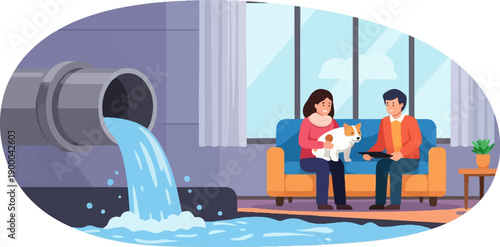Couple and dog relax indoors while sewage pipe discharges water outside