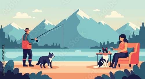 Couple with dogs enjoying fishing and relaxation by a mountain lake