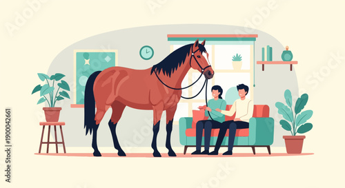 Couple with horse inside living room, plants, clock, books