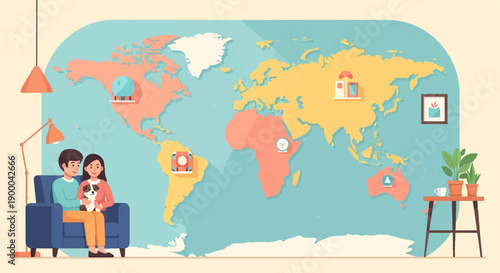 Couple and dog relax in living room with world map backdrop