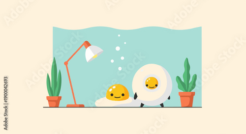 Cute animated fried eggs with a lamp and plants in a room