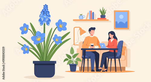 Couple working and drinking coffee by a potted plant