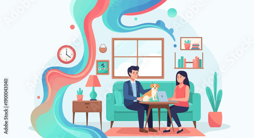 Couple working and relaxing at home with a dog and colorful abstract elements