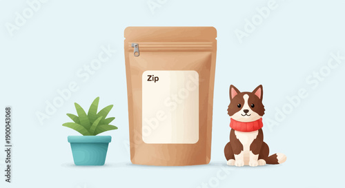 Cute brown and white dog in red scarf sits by pouch and plant