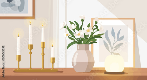 Cozy interior scene with lit candles, flowers in a vase, and framed art