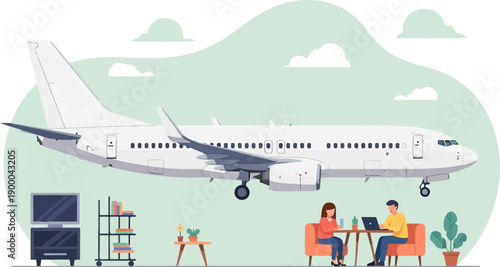 Digital art of a commercial airliner hovering above people working and relaxing