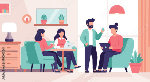 Cozy interior scene with people working and relaxing on laptops and drinks