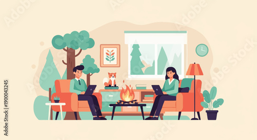 Cozy interior scene with people working on laptops by a fireplace
