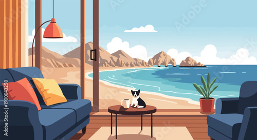 Cozy interior view of a living room with a dog, coffee, and ocean beach panorama