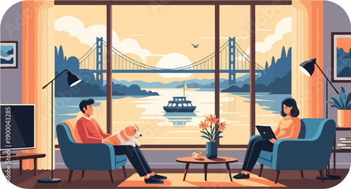 Cozy interior with a couple, a dog, and a scenic bridge view