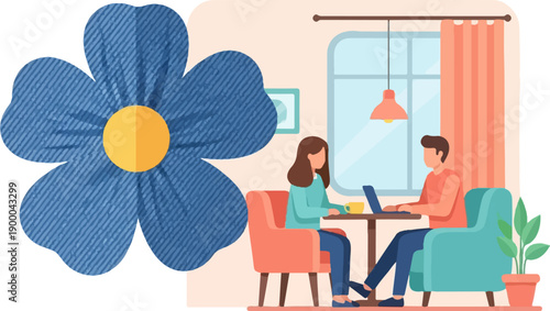 Couple working on laptops at a cafe table with a large flower
