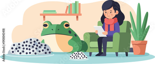 Cozy interior with girl reading beside a large frog and frogspawn