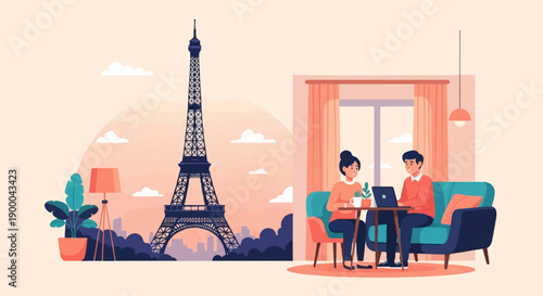 Couple working on laptops at home with Paris Eiffel Tower in background