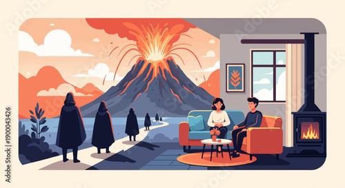 Cozy interior with couple facing a dramatic volcanic eruption outside