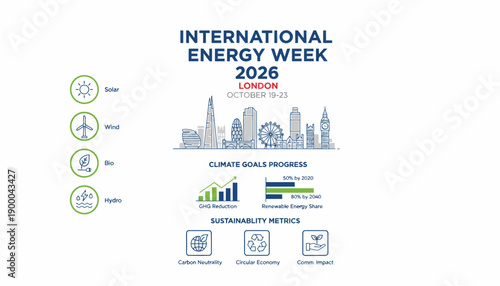 International Energy Week 2026 conference graphic illustration showcasing sustainability and climate change initiatives in a modern cityscape from a forward viewpoint