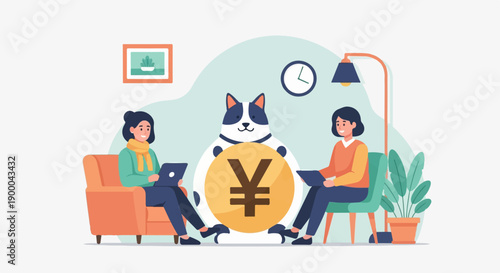 Cute cartoon dog holds coin between two women using laptops on sofas