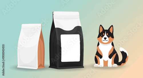 Cute cartoon dog sits beside two blank bags of pet food