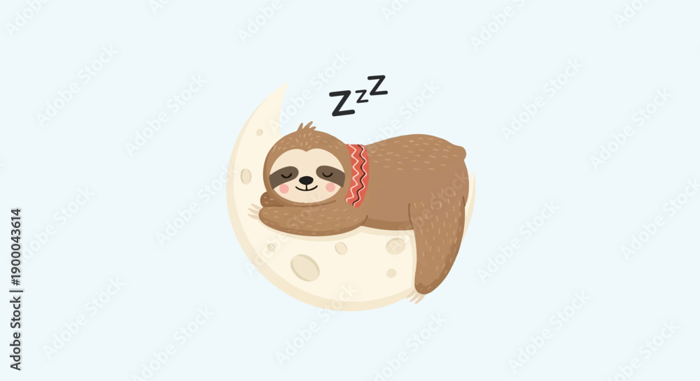 Obraz premium Cute cartoon sloth peacefully sleeping on a crescent moon