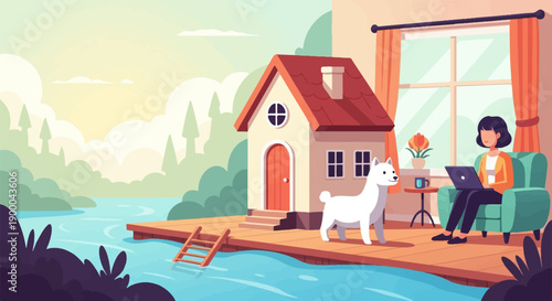 Cozy lakeside home with dog and woman working on laptop