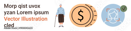 Eldercare, financial planning, technology, identity verification, digital security, aging support. Senior woman, coin with dollar sign face recognition icon. Eldercare and financial planning concept