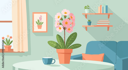 Cozy living room interior with potted plants, books, and a sofa