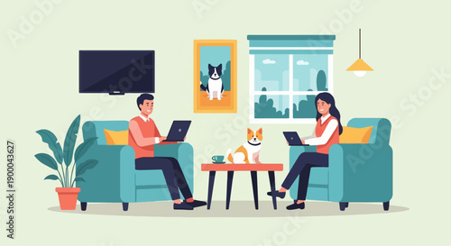 Couple working on laptops in a cozy living room with pets