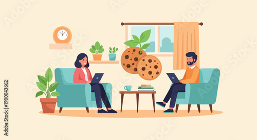 Couple working on laptops in a cozy room with cookies