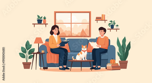 Cozy living room scene with a couple, dog, plants, and books
