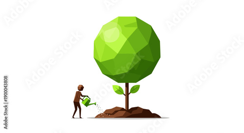Low Poly Man Watering Sprout Growing into Big Tree. Geometric Vector Illustration of Investment, Business Growth, and Environmental Care Concept.