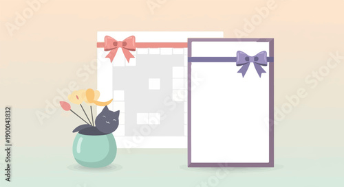 Cute cat peeking from vase with flowers next to framed blank cards