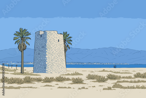 Vector image of Spanish Tower in Poetto beach. Cagliari, Sardinia, Italy