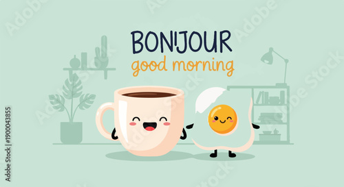 Cute coffee cup and fried egg characters say hello