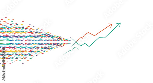Data Transformation Concept: Colorful Particles Converge into Upward Trending Line Graphs, Symbolizing Business Growth, Success, and Strategic Momentum.